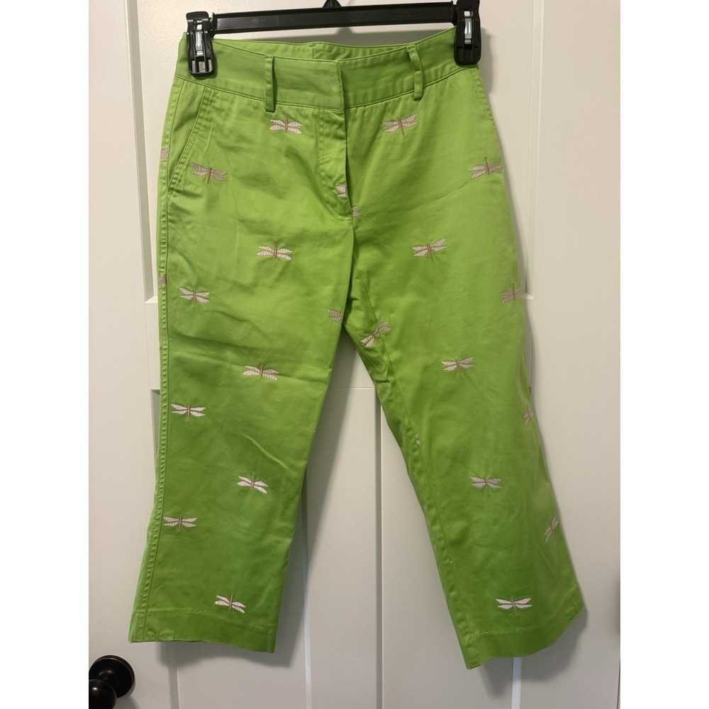 Vintage Lilly Pulitzer Pants Women's 2 Green Pink Dragonfly Embroidered Prints‎